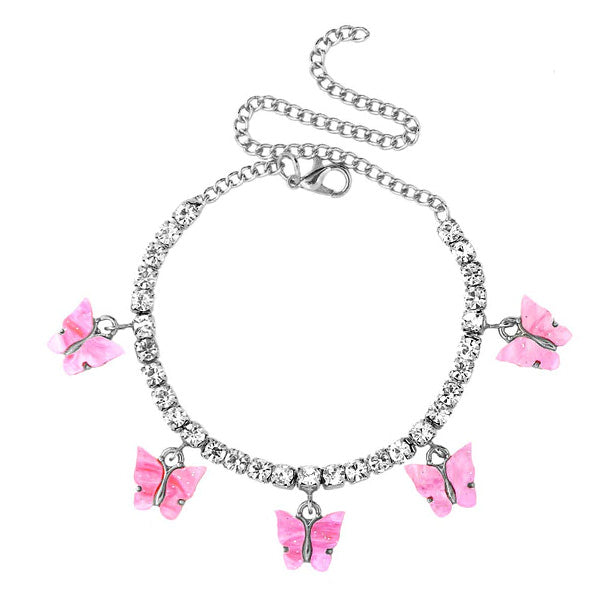 Bracelet de cheville en diamant avec papillon rose