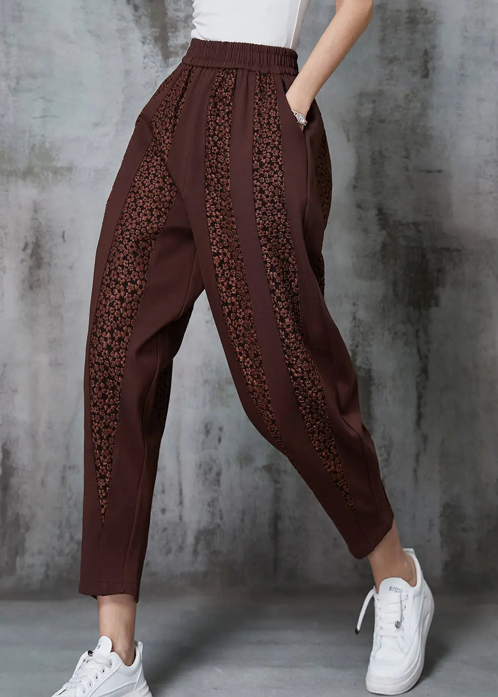 Caramel Patchwork Cotton Pants Oversized Jacquard Spring Ada Fashion