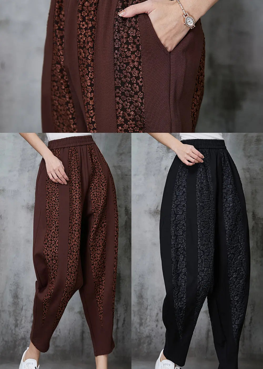 Caramel Patchwork Cotton Pants Oversized Jacquard Spring Ada Fashion