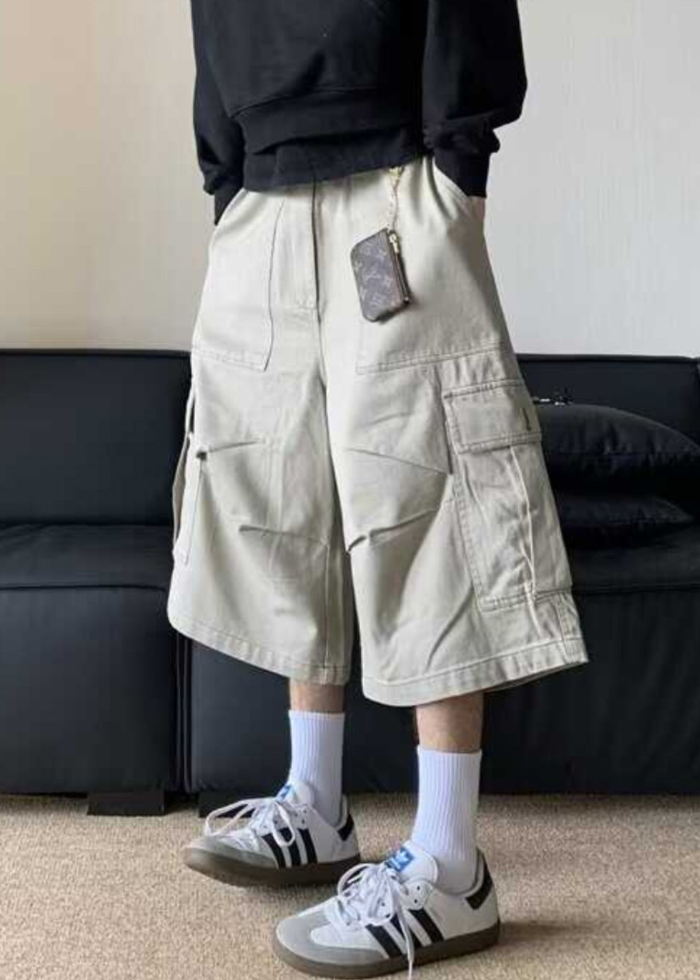 Pants Men Cotton Summer High Casual Crop Apricot Waist Pockets