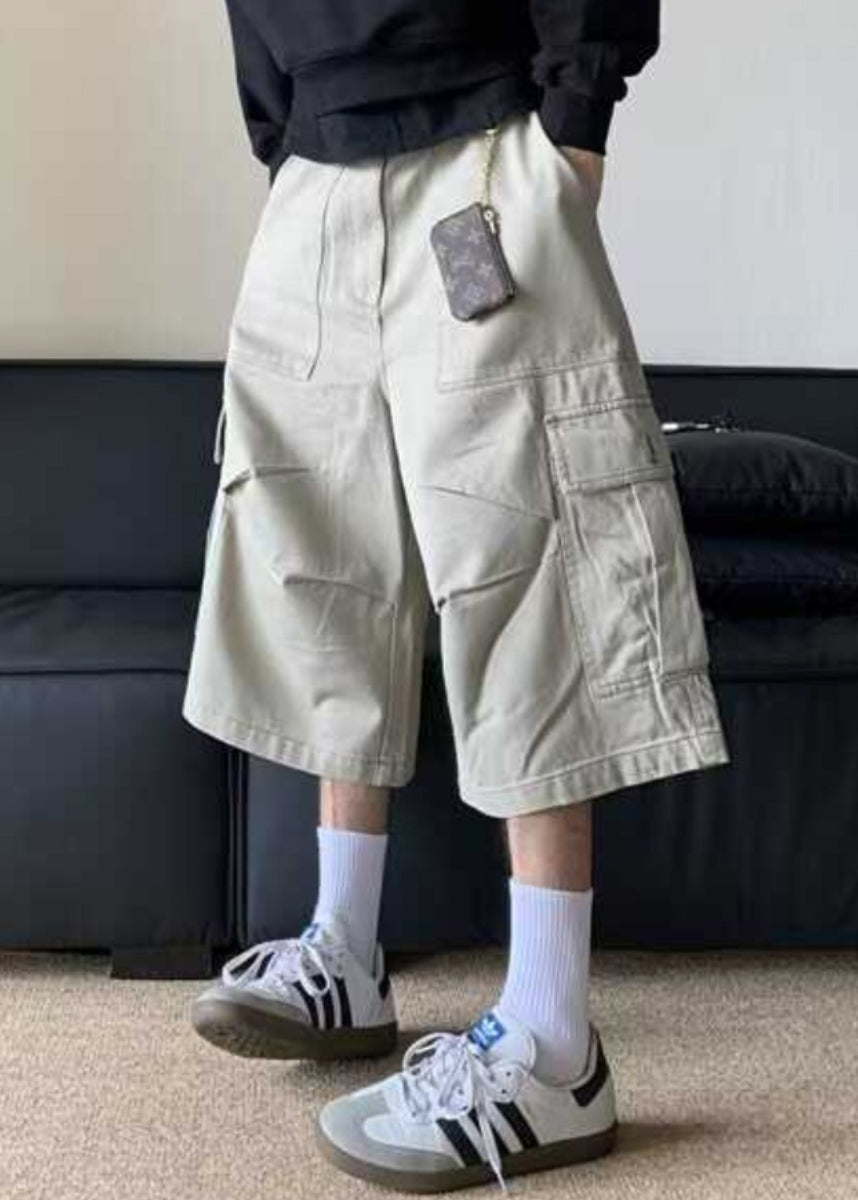 Pants Men Cotton Summer High Casual Crop Apricot Waist Pockets