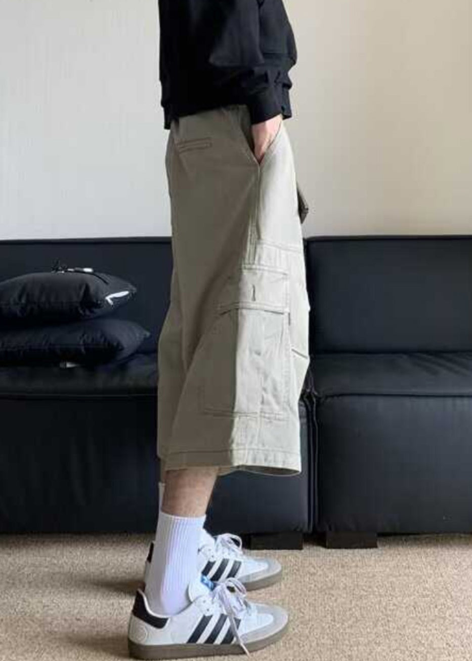 Pants Men Cotton Summer High Casual Crop Apricot Waist Pockets