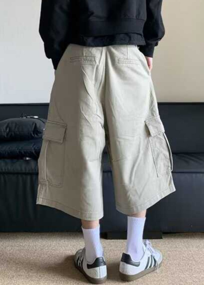 Pants Men Cotton Summer High Casual Crop Apricot Waist Pockets