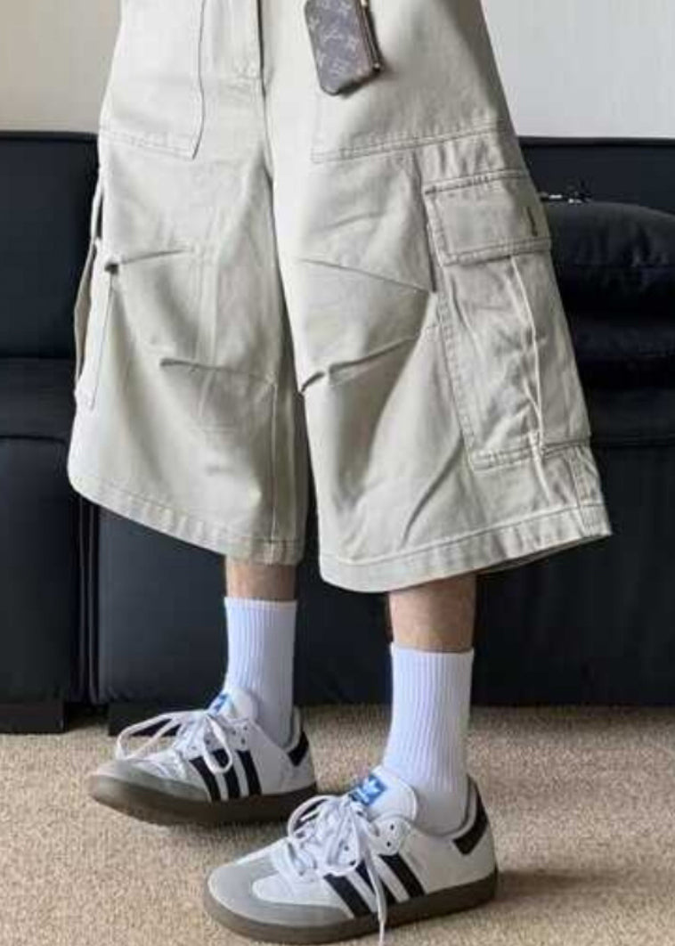 Pants Men Cotton Summer High Casual Crop Apricot Waist Pockets