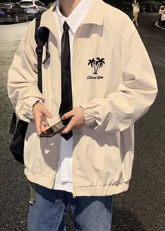 Spring Stand Apricot Mens Casual Cotton Zippered Coats Collar