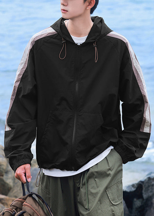 Hooded Striped Casual Coat 50+ Mens Silk Beige Ice UPF Patchwork