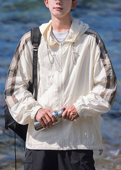 Hooded Striped Casual Coat 50+ Mens Silk Beige Ice UPF Patchwork