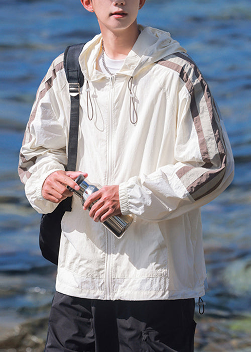 Hooded Striped Casual Coat 50+ Mens Silk Beige Ice UPF Patchwork