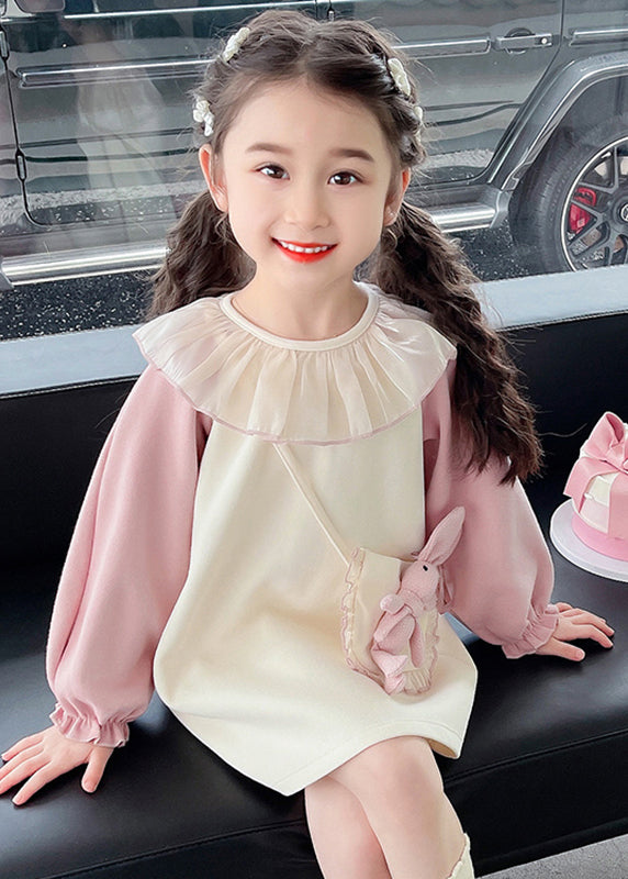 Casual Beige O-Neck Tulle Patchwork Kids Mid Dress Fall SS1059