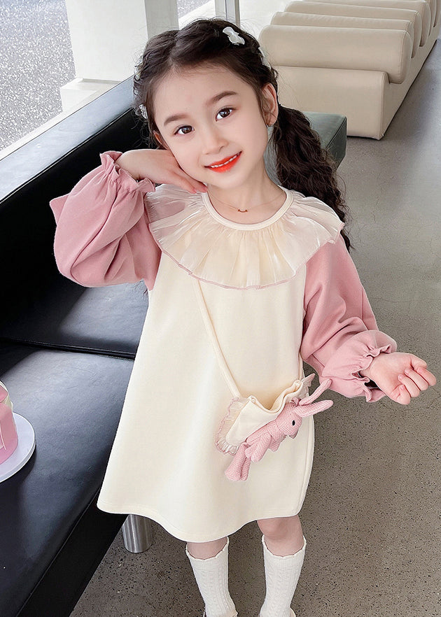 Casual Beige O-Neck Tulle Patchwork Kids Mid Dress Fall SS1059