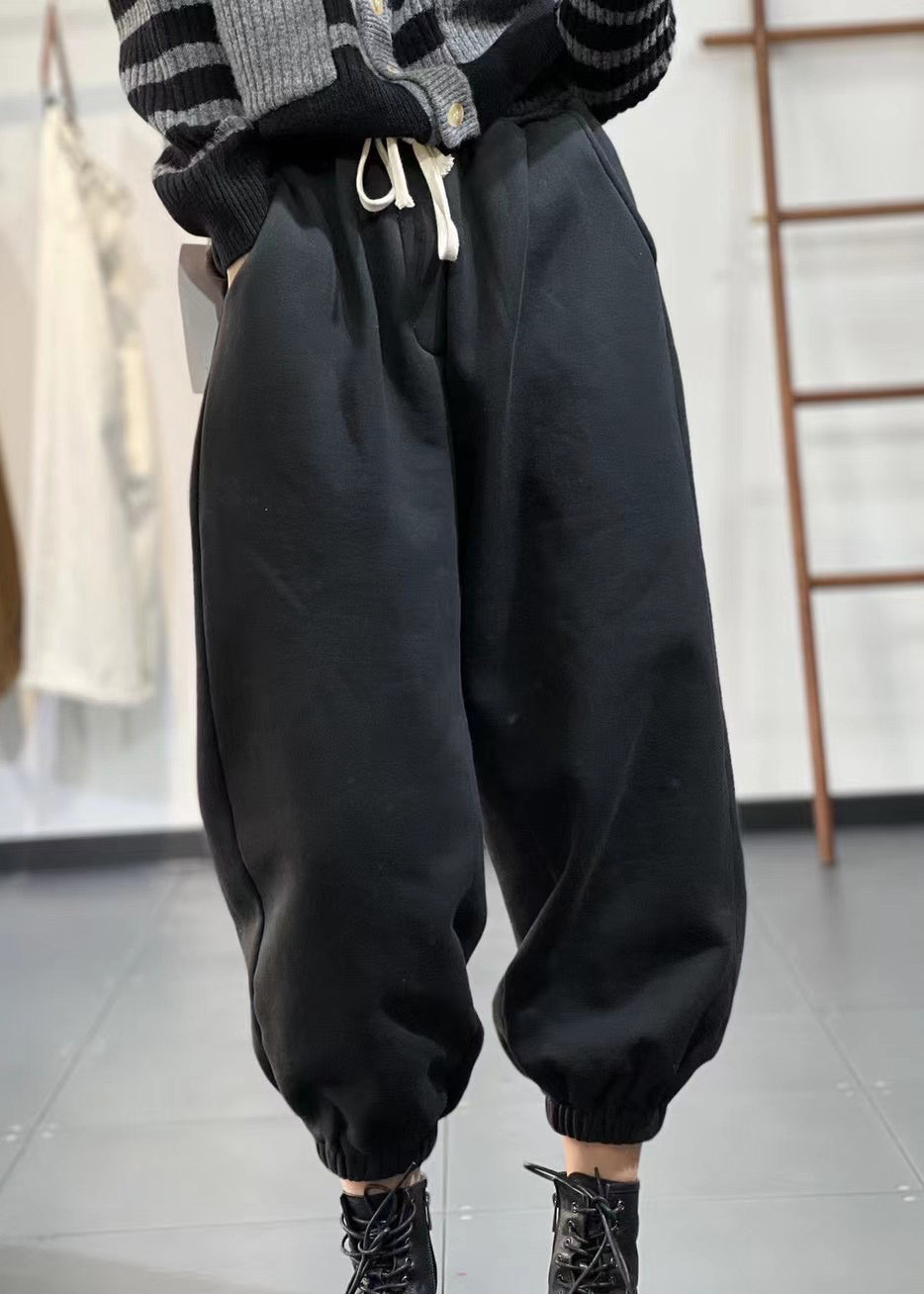 Casual Beige Pockets Elastic Waist Warm Fleece Sport Pants Fall RU014