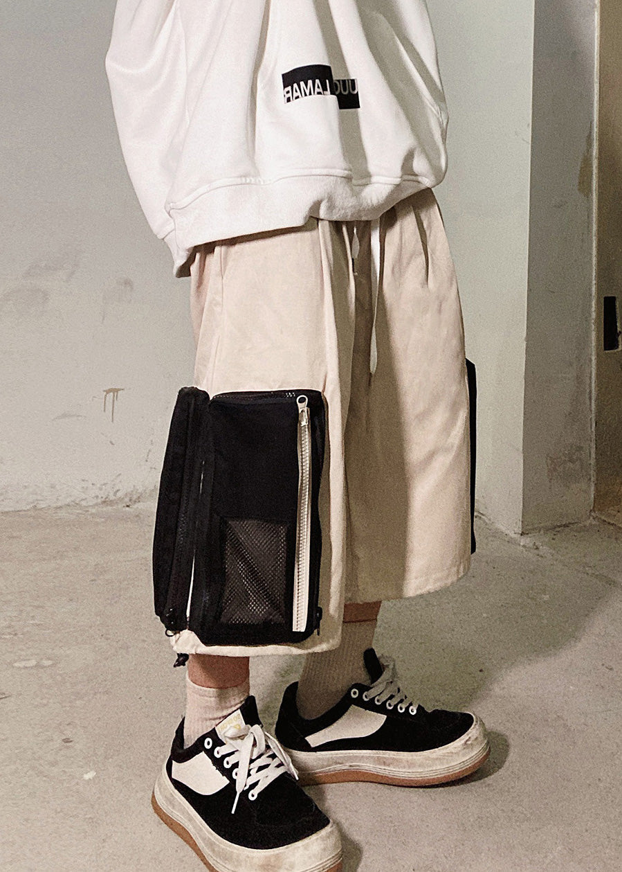 Oversized Men Casual Summer Cotton Zip Beige Shorts Pockets Up