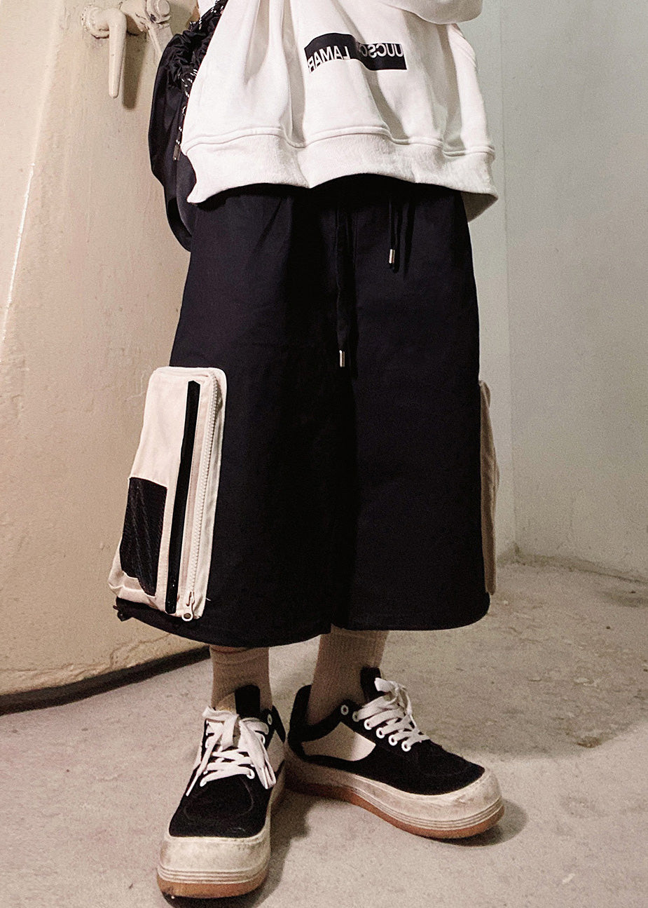 Oversized Men Casual Summer Cotton Zip Beige Shorts Pockets Up