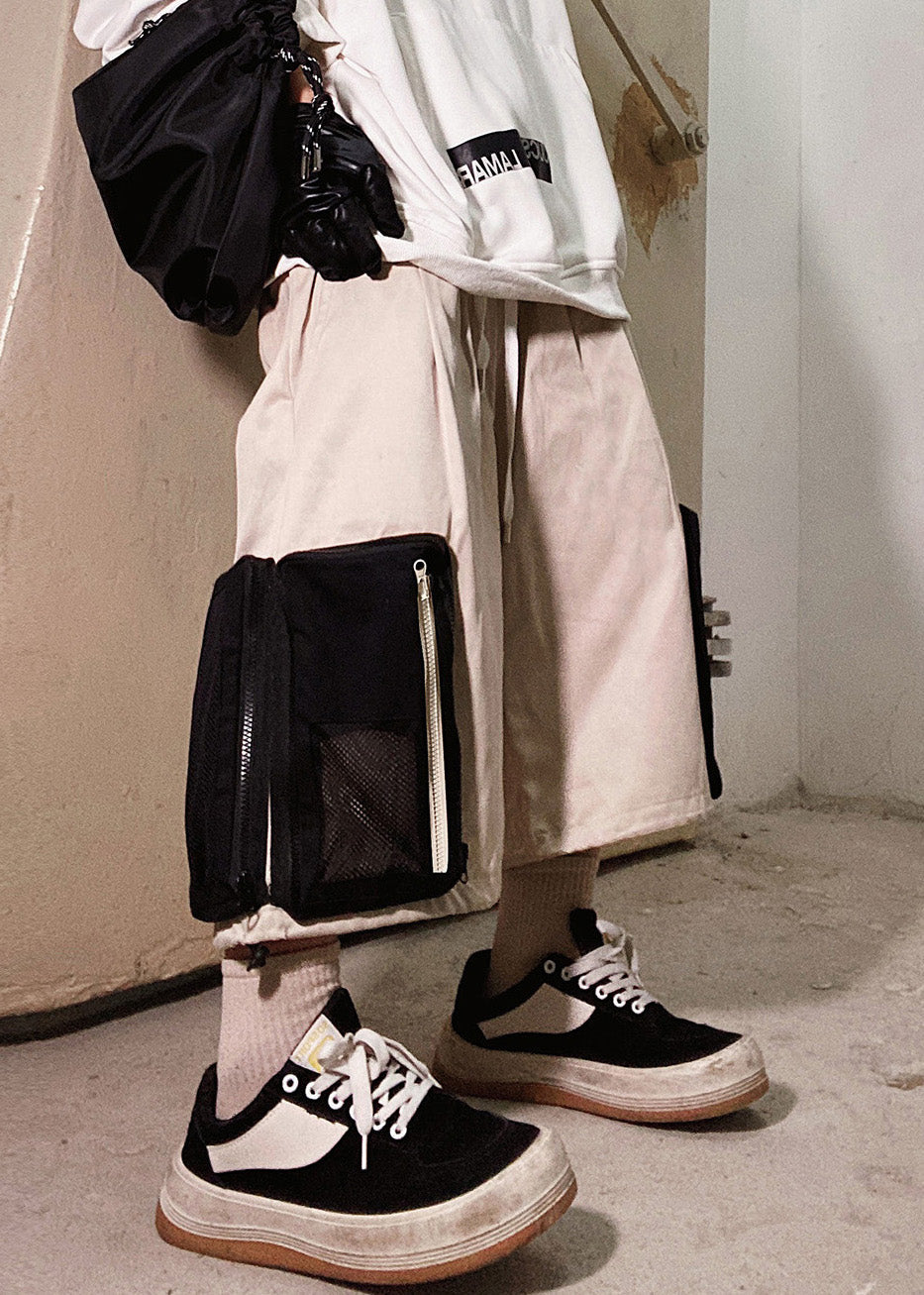 Beige Cotton Summer Casual Pockets Zip Shorts Up Men Oversized