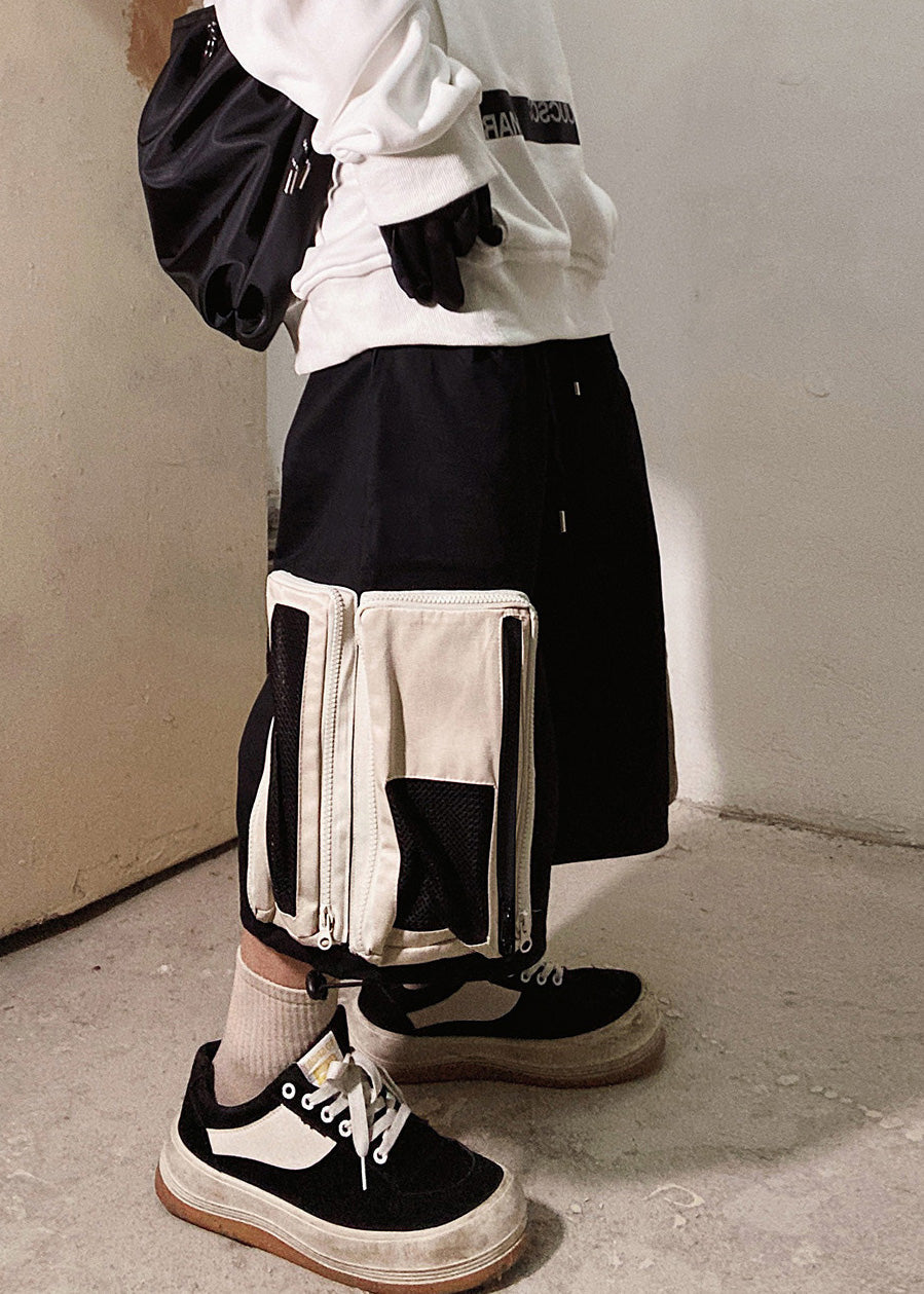 Beige Cotton Summer Casual Pockets Zip Shorts Up Men Oversized