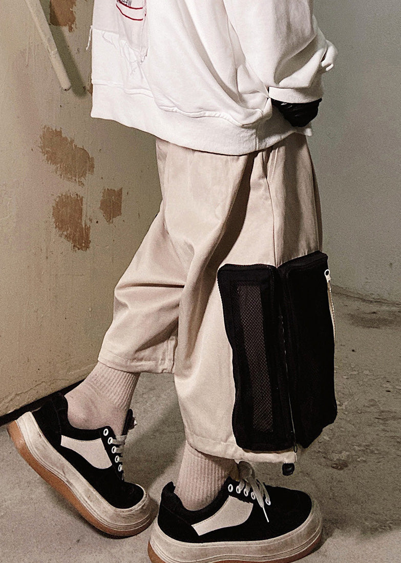 Beige Cotton Summer Casual Pockets Zip Shorts Up Men Oversized