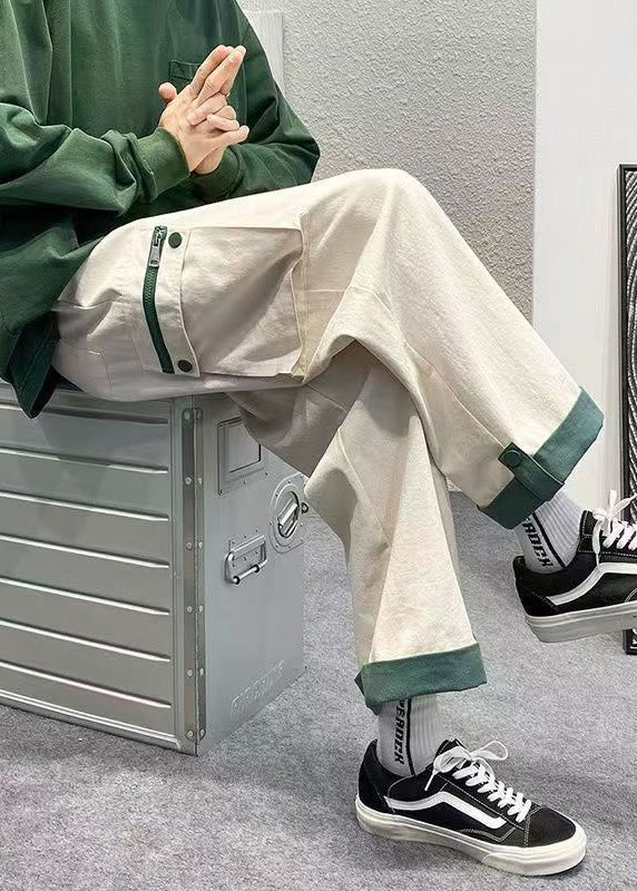 Zip Crop Casual Cotton Pants Beige Up Men Pockets Patchwork