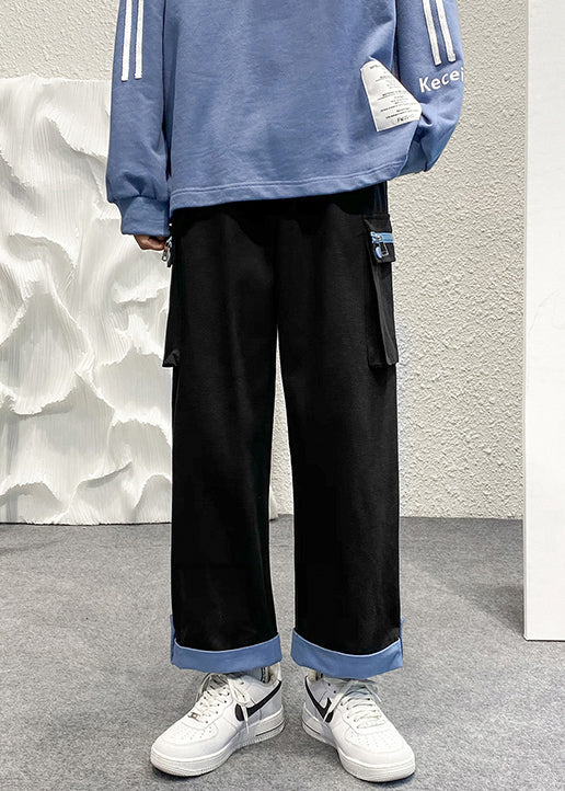 Zip Crop Casual Cotton Pants Beige Up Men Pockets Patchwork