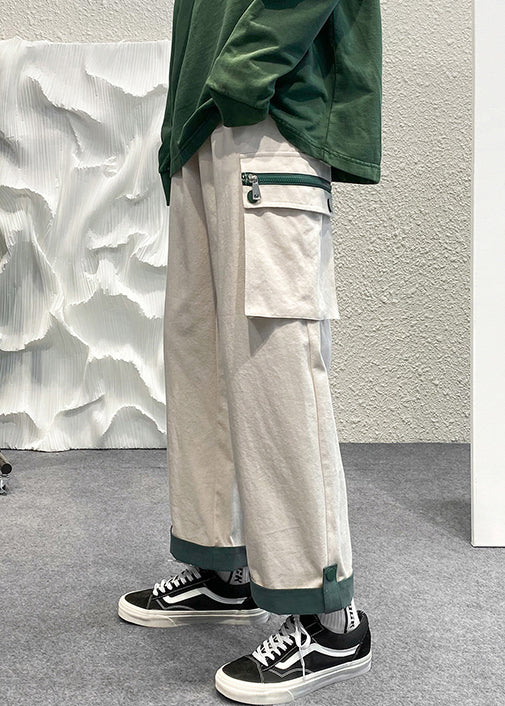 Zip Crop Casual Cotton Pants Beige Up Men Pockets Patchwork