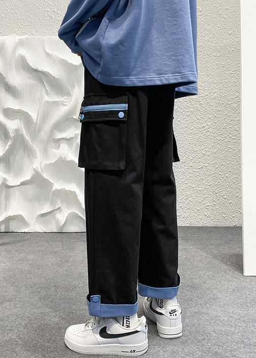 Zip Crop Casual Cotton Pants Beige Up Men Pockets Patchwork