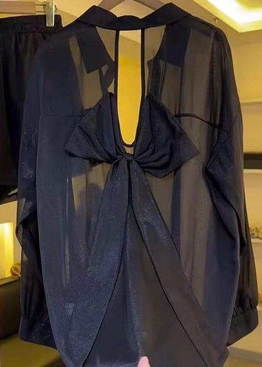 Bow Blouses Backless Chiffon Sheer Summer Black Casual