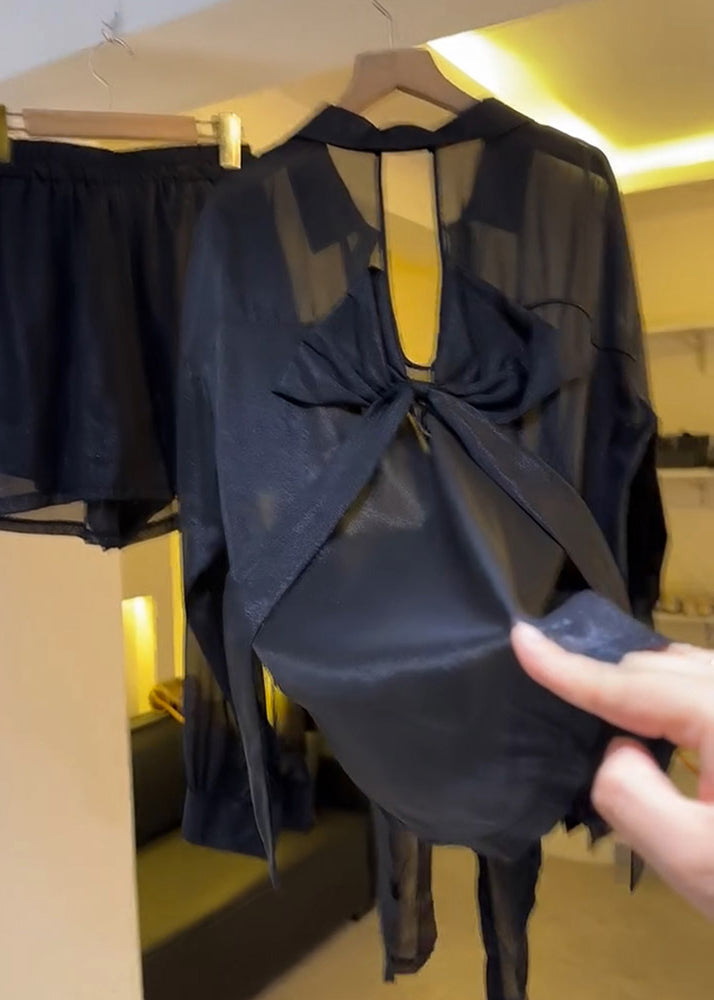 Bow Blouses Backless Chiffon Sheer Summer Black Casual