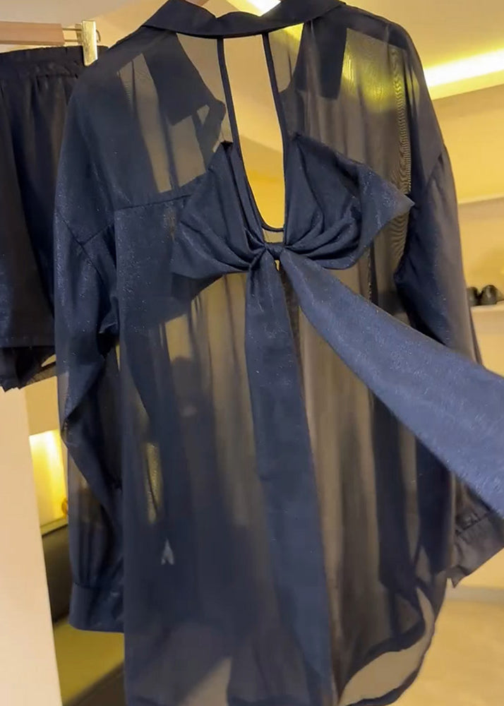 Bow Blouses Backless Chiffon Sheer Summer Black Casual