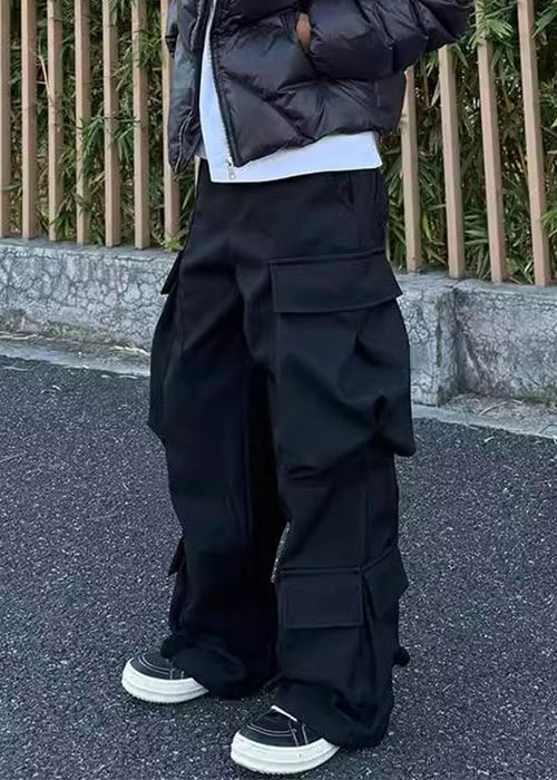 Pockets Pants Mens Cotton Spring Button Waist Black High Casual