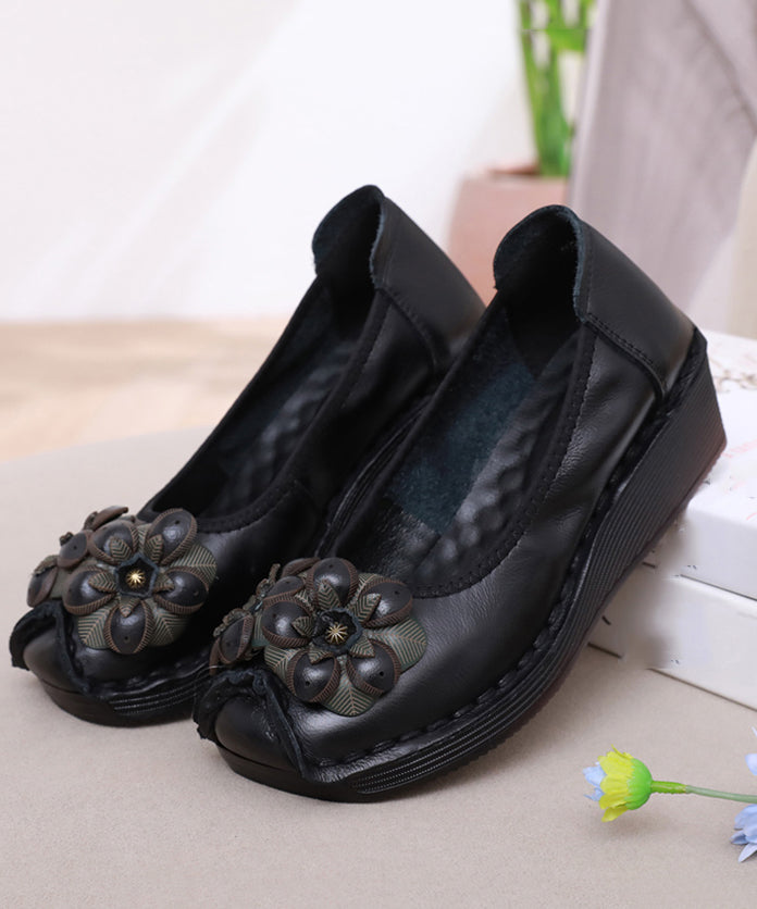 Lässige schwarze Plateauschuhe mit Blumenmuster und hohem Keilabsatz DF1002