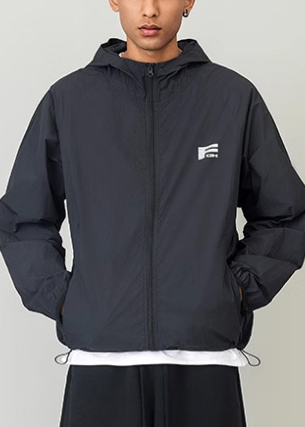 Hooded Drawstring Men Casual 50+ Print Coat Black UPF