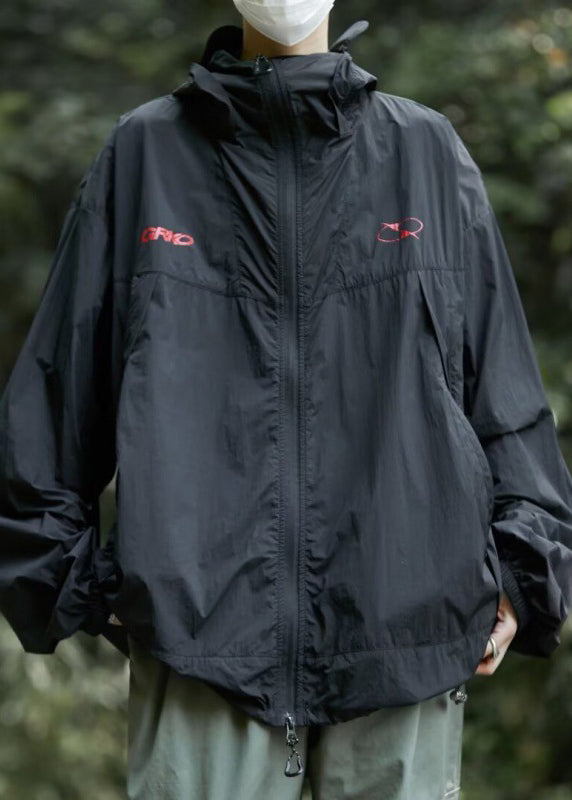 Black Zippered Men UPF Coat 50+ Print Casual Summer Hooded