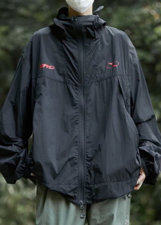 Black Zippered Men UPF Coat 50+ Print Casual Summer Hooded