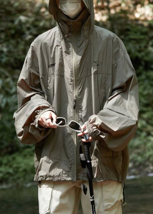 Black Zippered Men UPF Coat 50+ Print Casual Summer Hooded