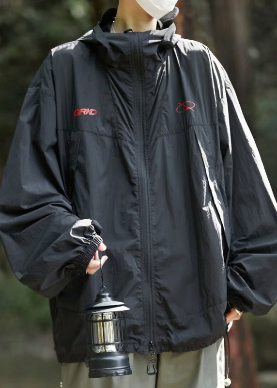 Black Zippered Men UPF Coat 50+ Print Casual Summer Hooded