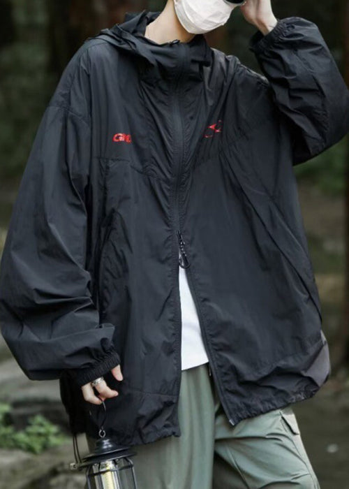 Black Zippered Men UPF Coat 50+ Print Casual Summer Hooded