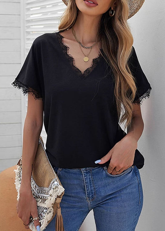 Patchwork Shirt Casual Solid T Short Lace Sleeve Black
