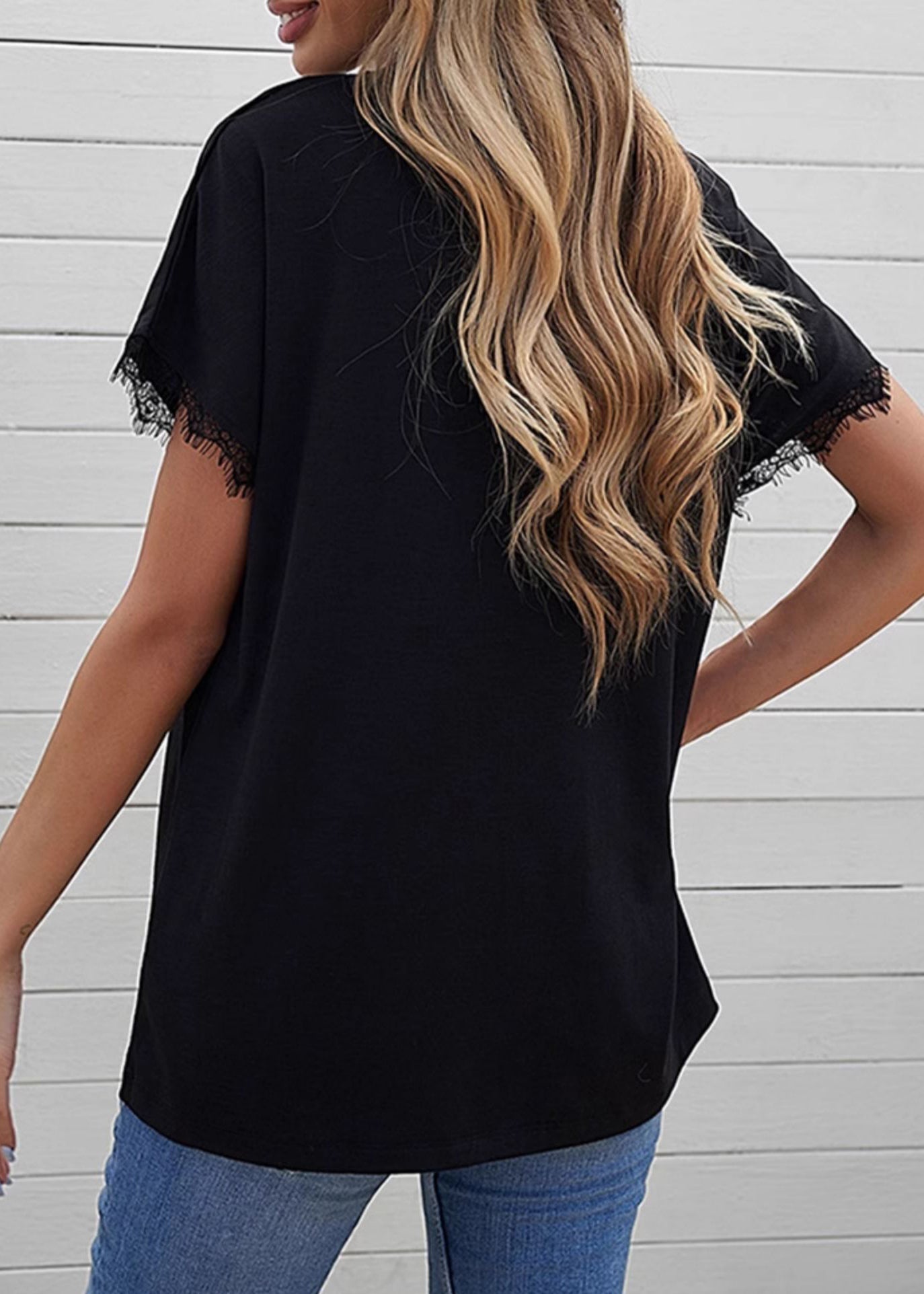 Patchwork Shirt Casual Solid T Short Lace Sleeve Black