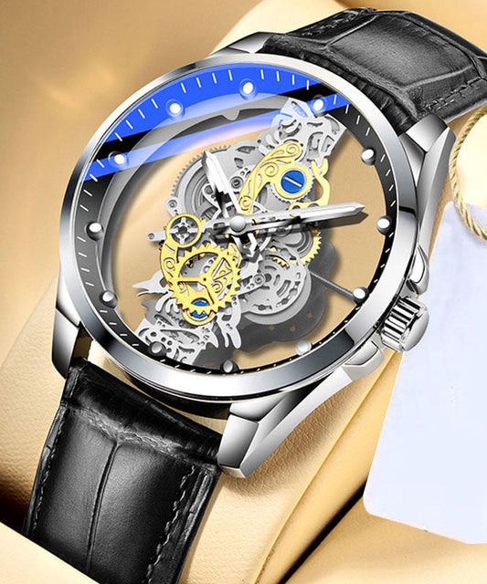 Automatic Watches Leather Out Black Machinery Casual Fully Hollow