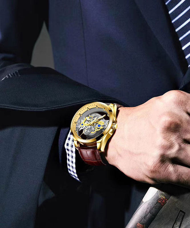 Automatic Watches Leather Out Black Machinery Casual Fully Hollow