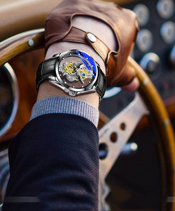 Automatic Watches Leather Out Black Machinery Casual Fully Hollow