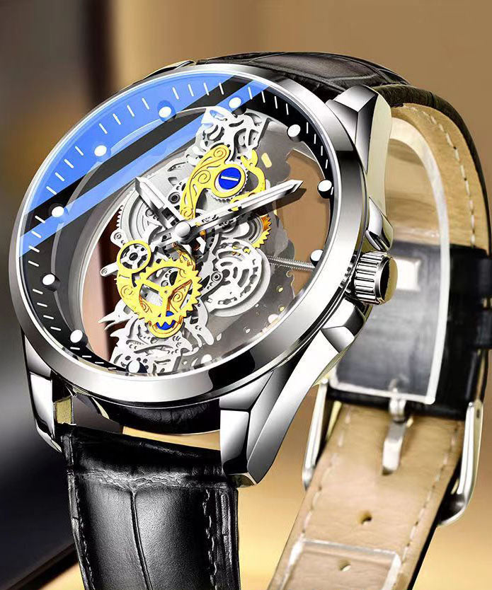 Automatic Watches Leather Out Black Machinery Casual Fully Hollow