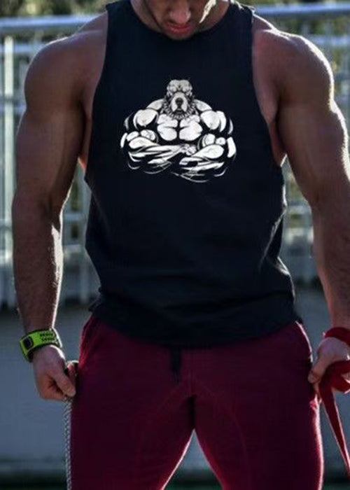 Print Casual Black O Neck Sleeveless Men Cotton Tank