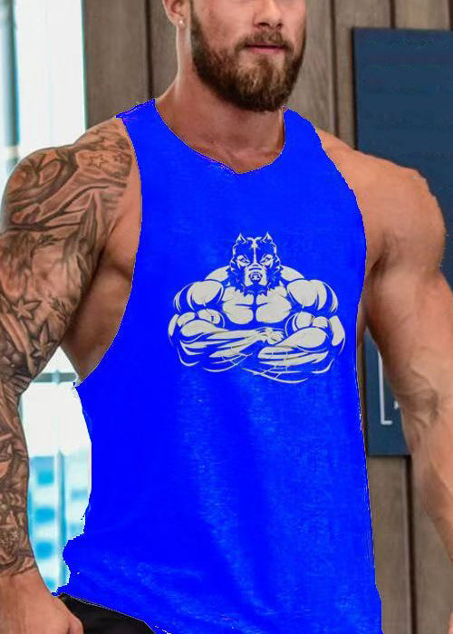 Print Casual Black O Neck Sleeveless Men Cotton Tank