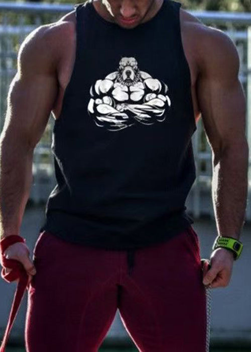 Print Casual Black O Neck Sleeveless Men Cotton Tank