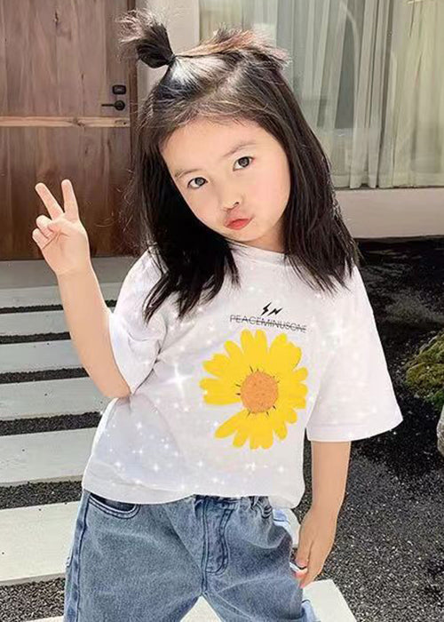 Casual Black O Neck Print Cotton Girls T Shirt Summer YU1031