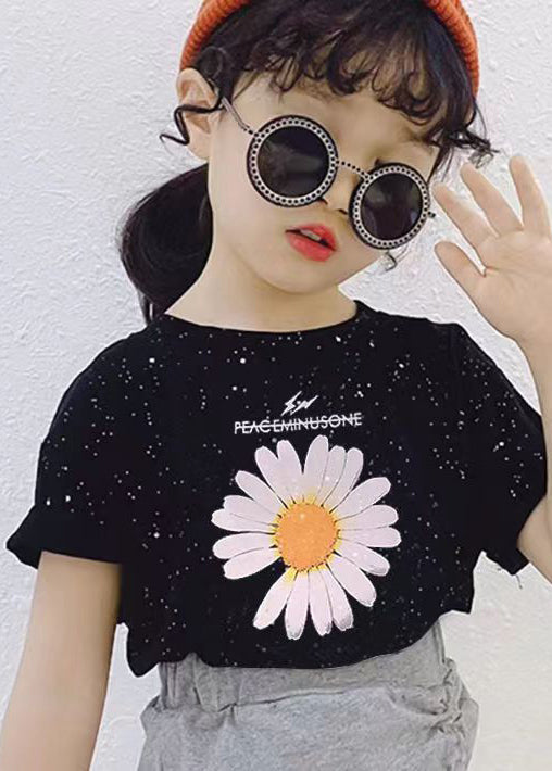 Casual Black O Neck Print Cotton Girls T Shirt Summer YU1031