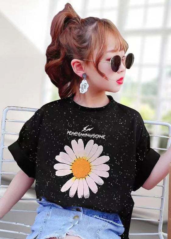 Casual Black O Neck Print Cotton Girls T Shirt Summer YU1031