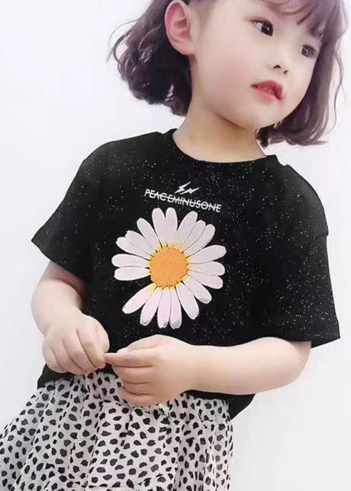 Casual Black O Neck Print Cotton Girls T Shirt Summer YU1031