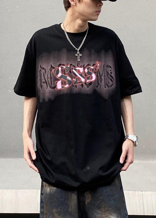 Cotton Casual Men Shirt Summer Neck Black Print T O