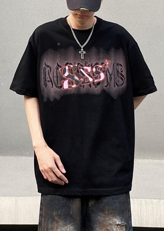 Cotton Casual Men Shirt Summer Neck Black Print T O